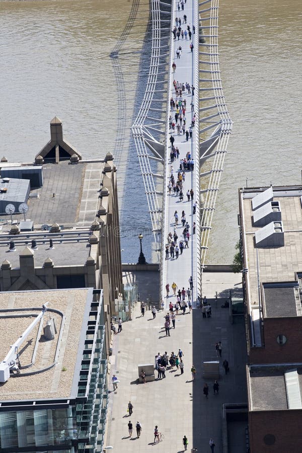 Aerial view with people walking on footbridge