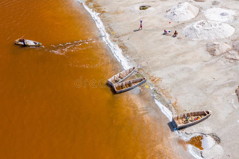 Aerial view of the Pink Lake Retba or Lac Rose in Senegal. Photo made by drone from above. Africa Natural Landscape