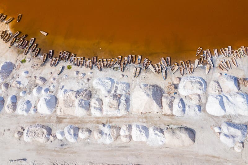 Aerial view of the Pink Lake Retba or Lac Rose in Senegal. Photo made by drone from above. Africa Natural Landscape