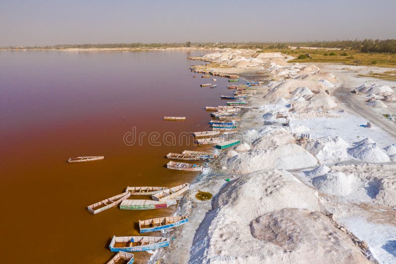 Aerial view of the Pink Lake Retba or Lac Rose in Senegal. Photo made by drone from above. Africa Natural Landscape