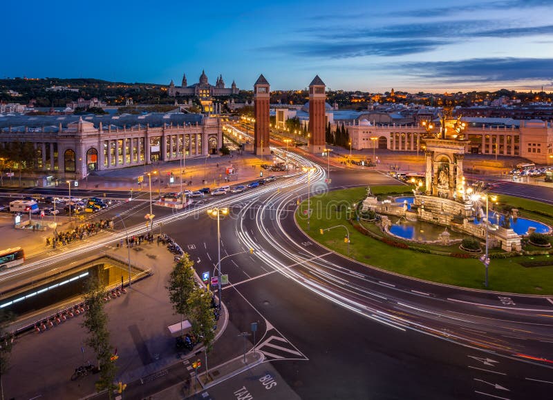 Aerial View on Placa Espanya and Montjuic Hill