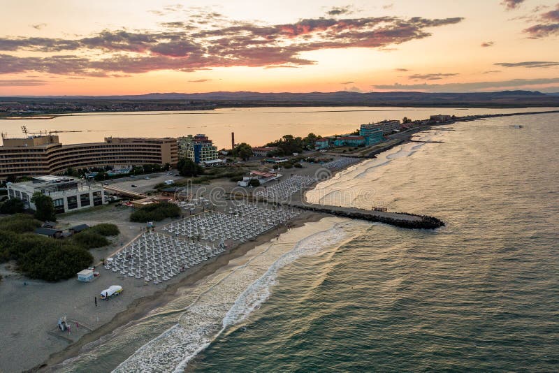 Aerial view of Pomorie city that is located on Black Sea shore. Top view of sand beaches with many hotel buildings and tourist royalty free stock image Aerial view of Pomorie city that is located on Black Sea shore. Top view of sand beaches with many hotel buildings and tourist royalty free stock image