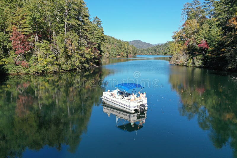 Aerial view of pontoon boat on Lake Santeetlah, North Carolina