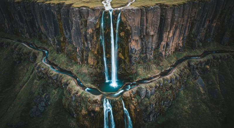 Aerial View of Powerful Waterfall Cascading Down Dark Cliffs vector illustration