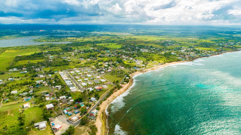 Aerial view of Puerto Rico. Faro Los Morrillos de Cabo Rojo. Playa Sucia beach and Salt lakes in Punta Jaguey.