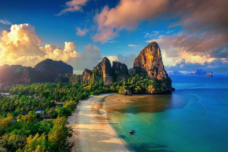 Railay Beach at Sunrise in Krabi, Thailand. Stock Photo - Image of