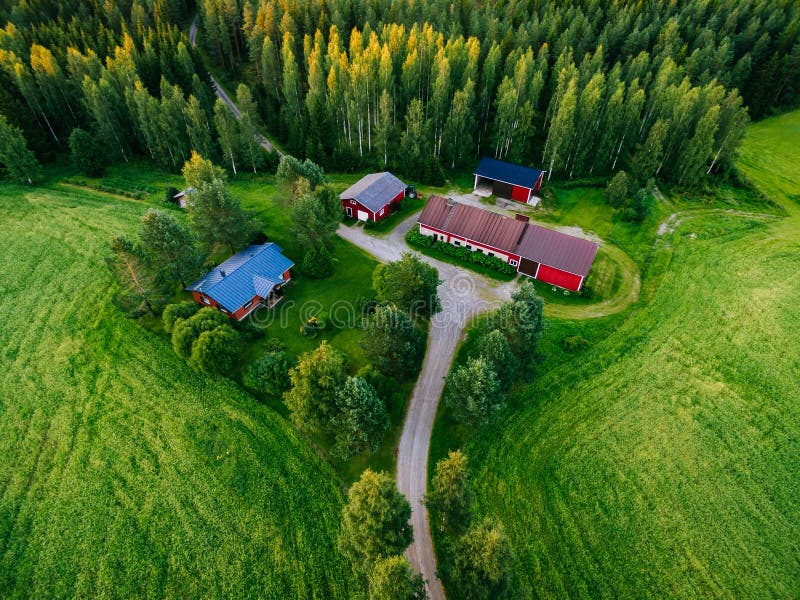 Aerial view of red farm house and green summer forests in Finland