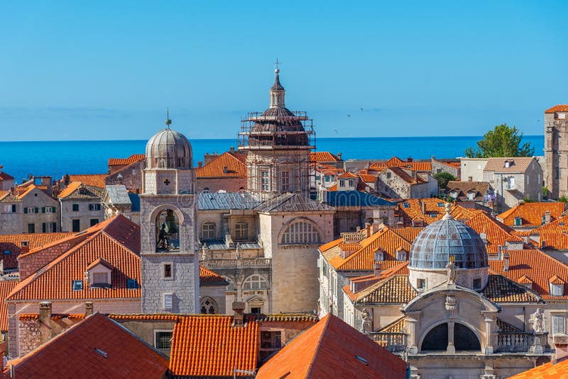 Aerial View of Red Rooftops of Old Town of Dubrovnik, Croatia Stock