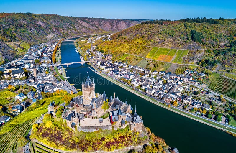 Aerial view of Reichsburg Cochem, a famous castle in Germany