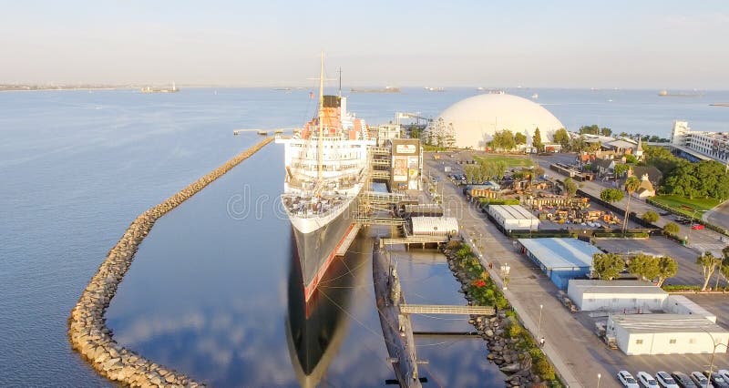 Aerial view of RMS Queen Mary ocean liner, Long Beach, CA