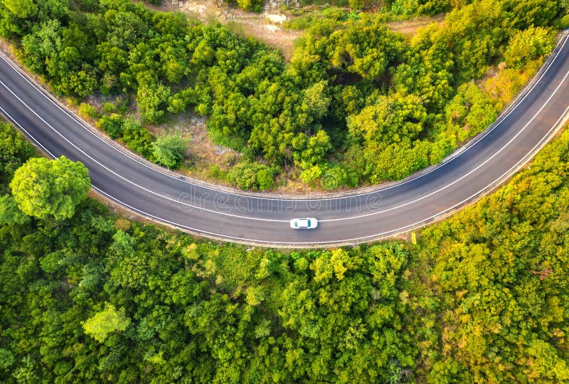 Aerial view of road with car in beautiful forest in summer