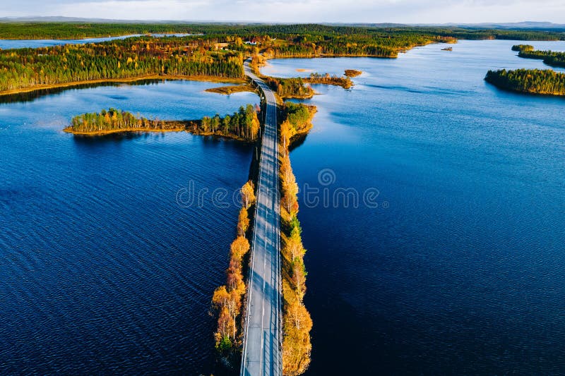 Aerial view of road and forest in autumn colors with blue water lake