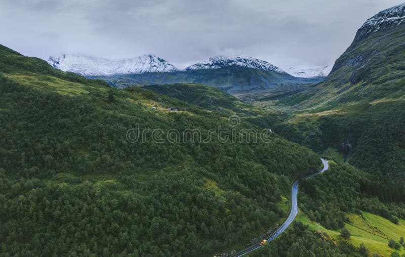Aerial View Road In Mountains And Forest Landscape In Norway Stock