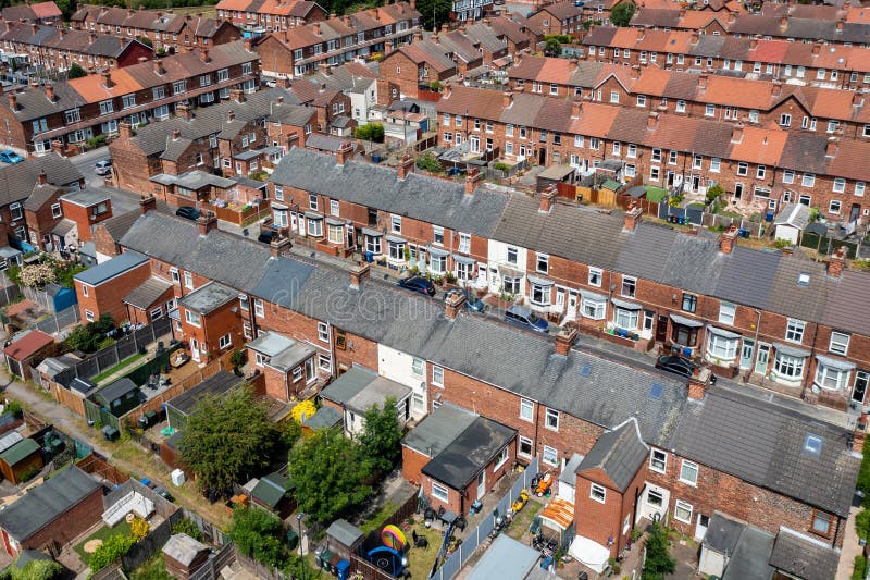 Aerial view of rows of terraced houses in the North of England