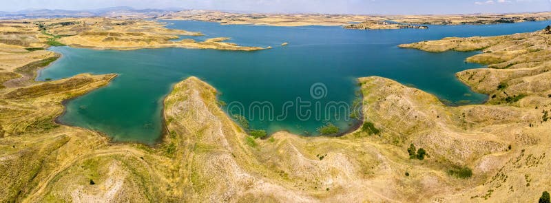 Aerial view of rural and agricultural areas south of Lokman in the province of Adiyaman, Turkey. Inlets on the Euphrates river