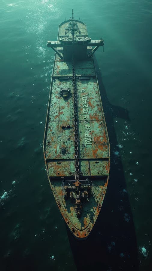 Aerial view of rusted cargo ship in calm ocean stock image