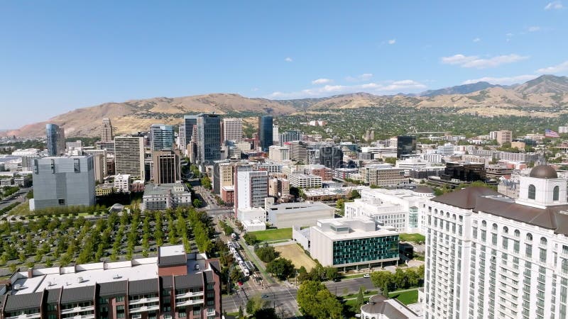 Aerial view of the Salt Lake city downtown. Beautiful mormon city.