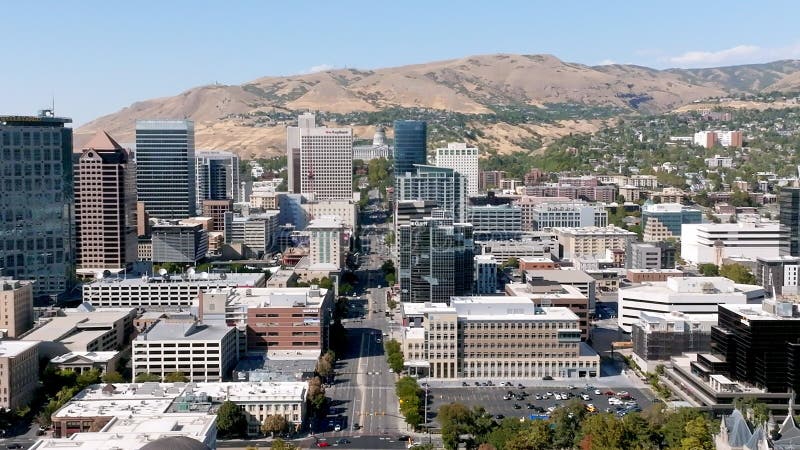 Aerial view of the Salt Lake city downtown. Beautiful mormon city.