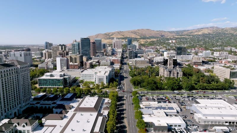 Aerial view of the Salt Lake city downtown. Beautiful mormon city.