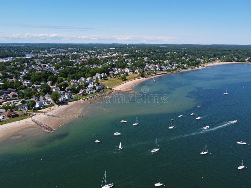 Sandy Point aerial view, Beverly, Massachusetts, USA. Aerial view of Sandy Point at Danvers River mouth to Salem Harbor in city of Beverly, Massachusetts MA, USA