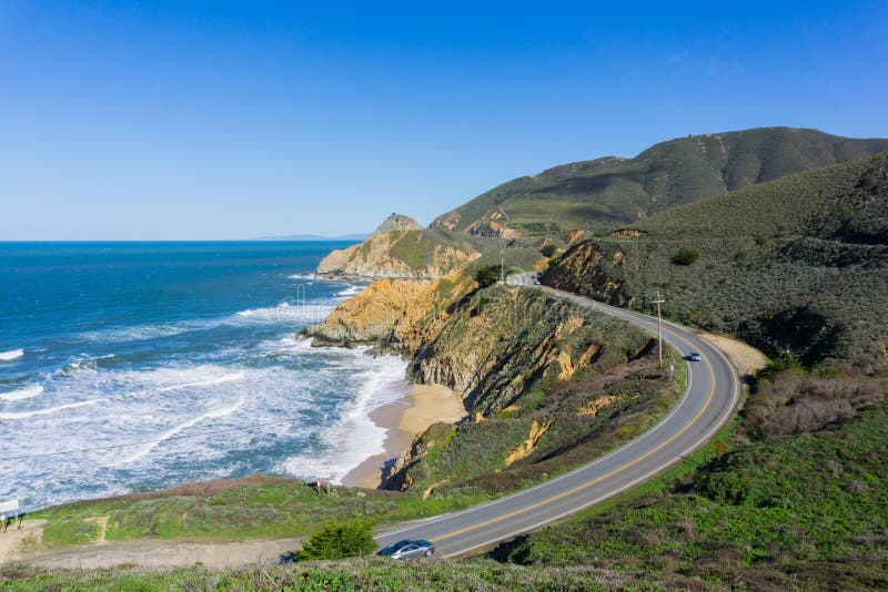 Aerial view of scenic highway on the Pacific Ocean coast, Devil`s Slide, California