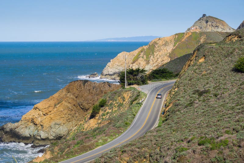 Aerial view of scenic highway on the Pacific Ocean coast, Devil`s Slide, California