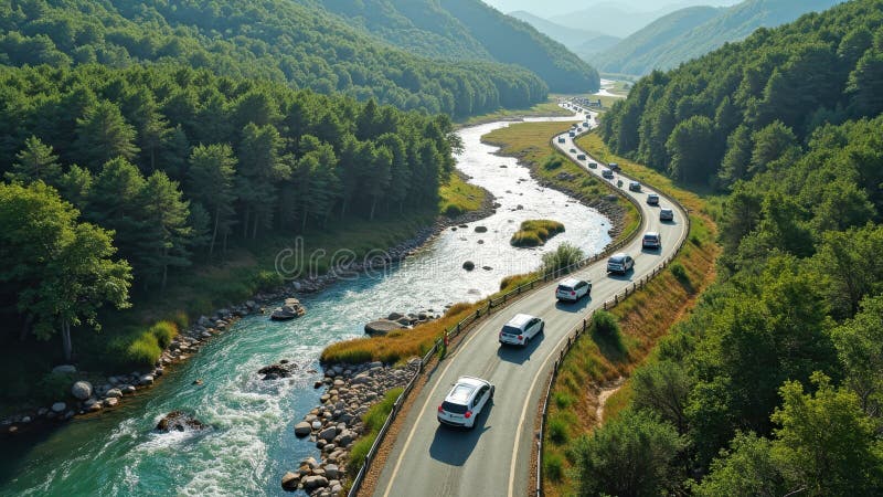 Aerial view of scenic mountain road and river in sunny green landscape stock photography