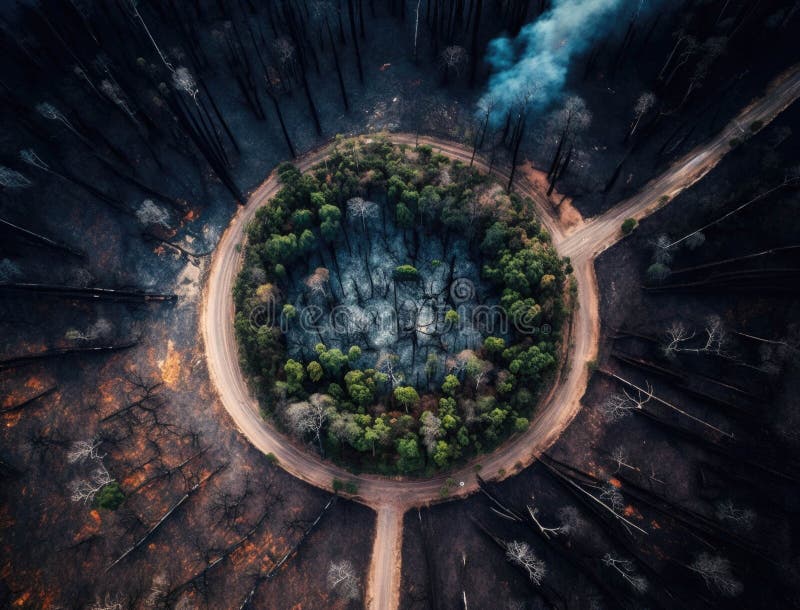 An aerial view of a scorched rainforest representing the effects of logging and deforestation. Lifestyle concept. AI royalty free illustration
