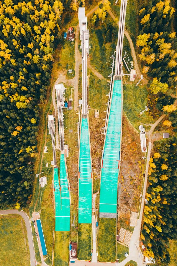 Aerial View of Ski Jumping Complex. Height of 120 Meters Springboard