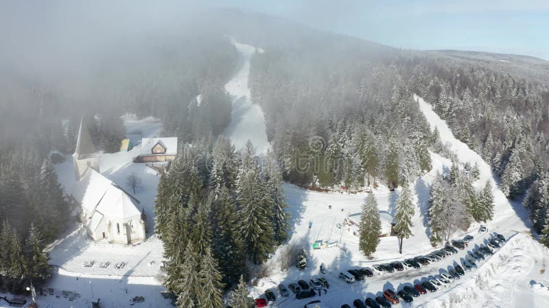 Aerial view of ski slopes, Trije kralji winter resort on Pohorje, Slovenia