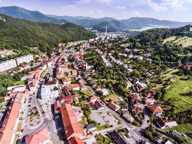 Aerial view of small town with hills, Slovakia.