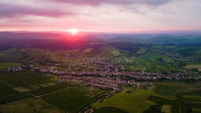 Aerial view of a small village in Slovakia, in the Tatra Mountains at evening