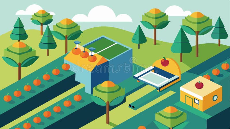 An aerial view of a smart farm where automated fruit sorters are strategically p in between fruit trees enabling rapid vector illustration