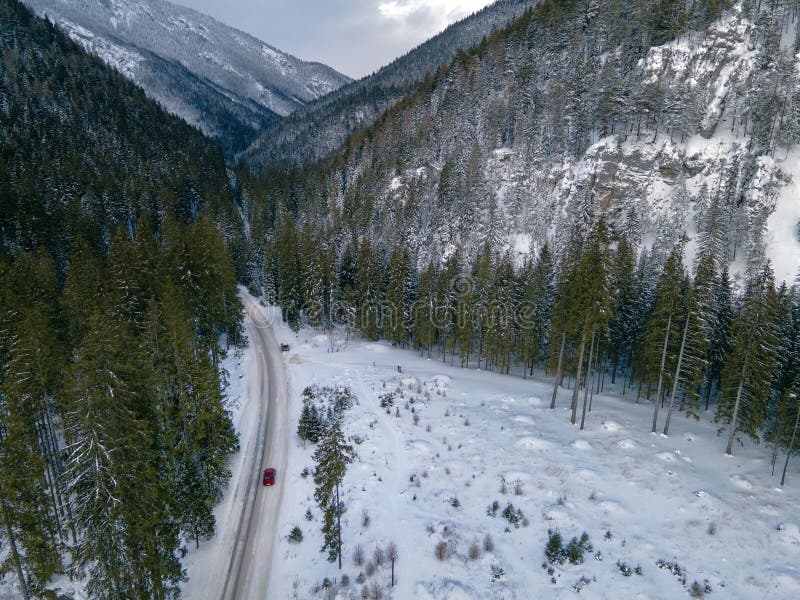 Aerial view of snowed road in tatra mountains