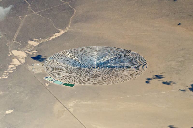Aerial view of solar energy power plant in desert royalty free stock image
