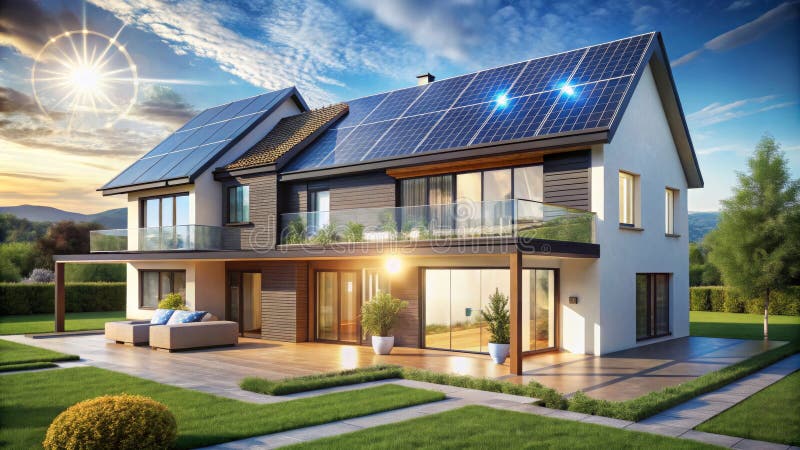 Aerial View Solar Home Composition, Sunset Landscape vector illustration