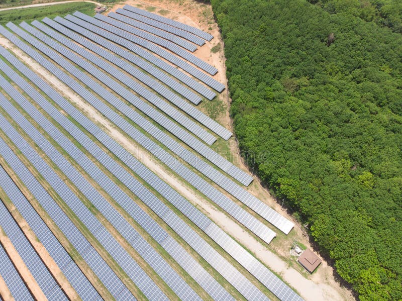 Aerial view of solar panels In the electric industry. Green energy that can be renewable for environment. Solar power alternative