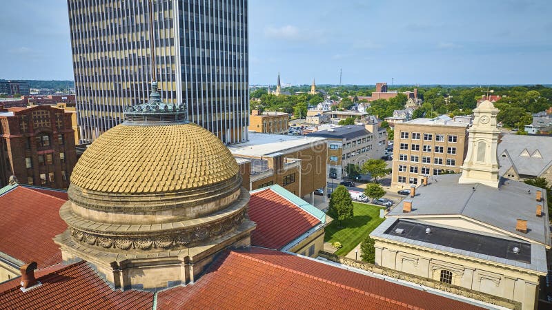 Aerial View of South Bend Courthouse Dome and Modern Skyscraper Stock Aerial View of South Bend Courthouse Dome and Modern Skyscraper Stock
