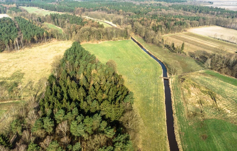 Aerial view of a stream flowing through meadows and fields with a small pine forest on one side. Abandoned, nature.