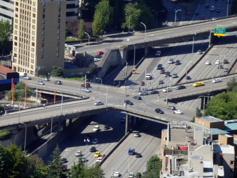 Aerial view streets of Pine and Boren crossing over the  I-5 Highway