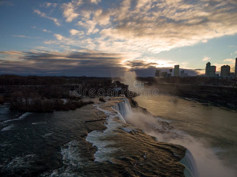 Aerial view of Sunset on Niagara Falls during winter time stock photos Aerial view of Sunset on Niagara Falls during winter time stock photos