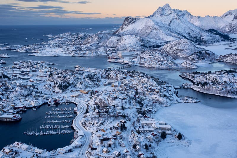 Aerial view of Svolvaer city the small harbour of Norwegian in winter season, Norway