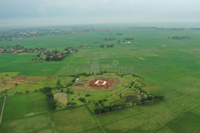 Aerial view of Batujaya temple at Karawang regency, West Java, Indonesia. Date are back to 12 AD to 12  AD, belong to the Buddha religion at Java island.