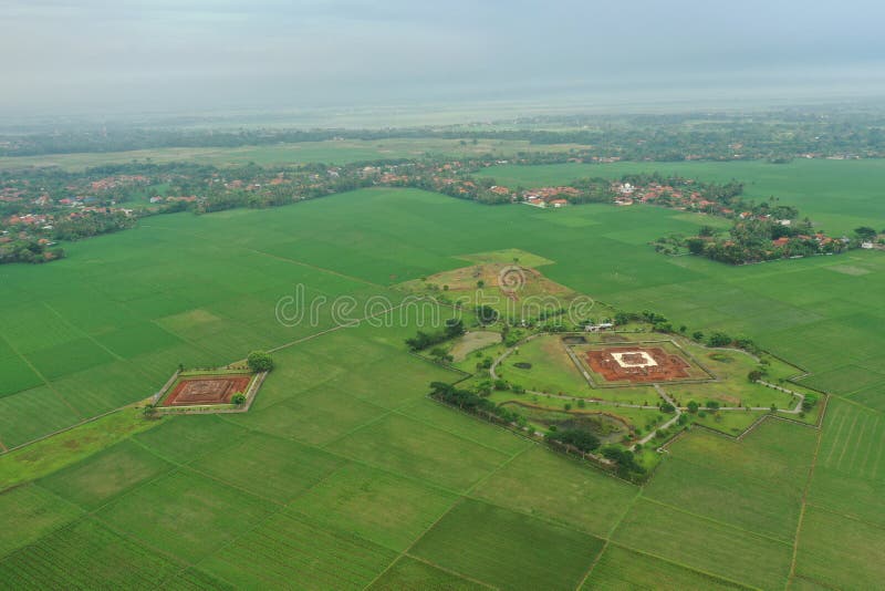 Aerial view of Batujaya temple at Karawang regency, West Java, Indonesia. Date are back to 12 AD to 12  AD, belong to the Buddha r