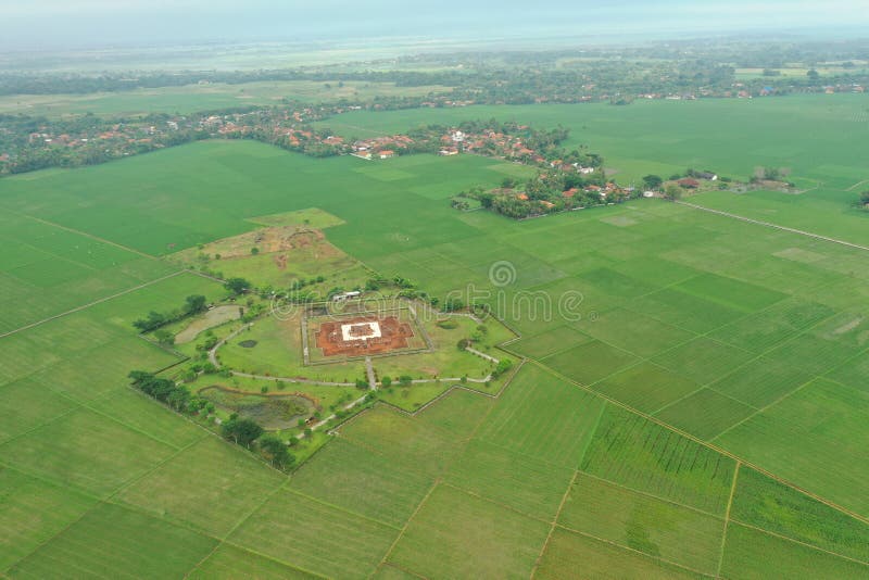 Aerial view of Batujaya temple at Karawang regency, West Java, Indonesia. Date are back to 12 AD to 12  AD, belong to the Buddha religion at Java island.