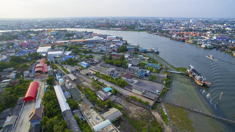 Aerial view of tha chin river in mahachai samtuhsakorn outskirt