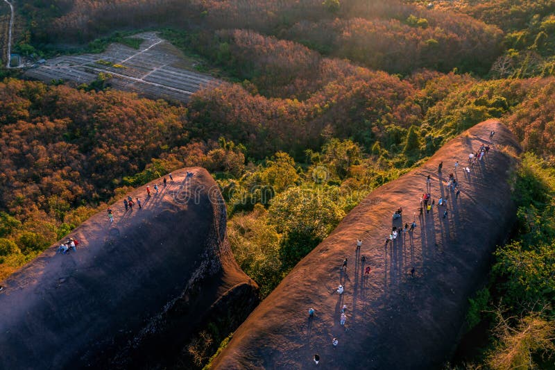 Aerial view of three whales rock in Phu Sing Country park in Buegkan province, Thailand.