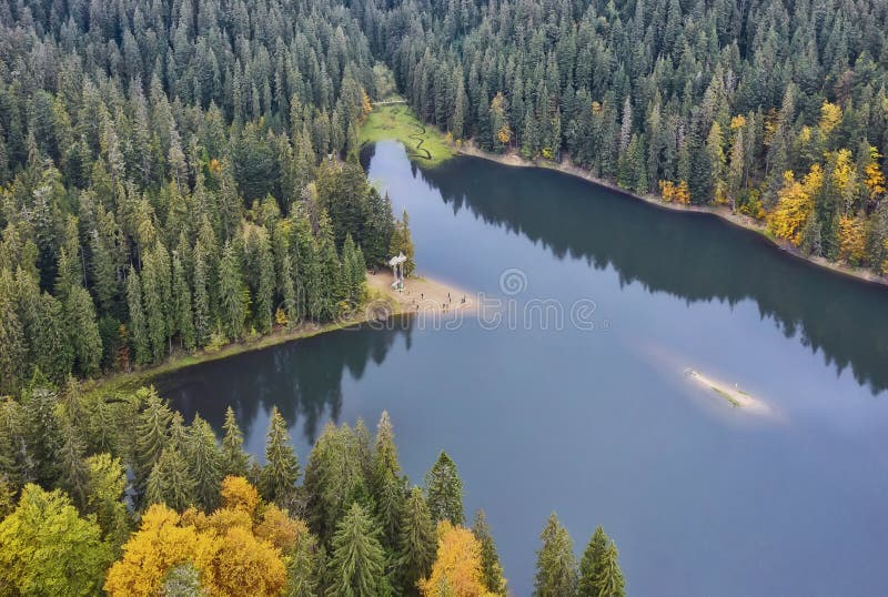 Aerial view to beautiful blue mountain lake surrounded by spruce forest