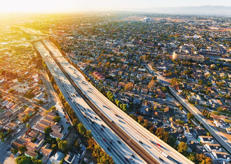 Aerial view of traffic on a highway in LA royalty free stock photos