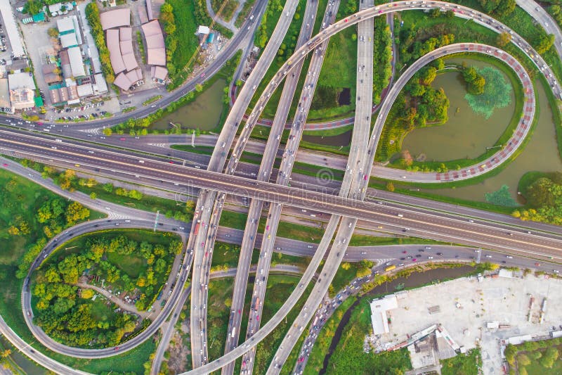 Aerial view transport city overpass road with vehicle movement